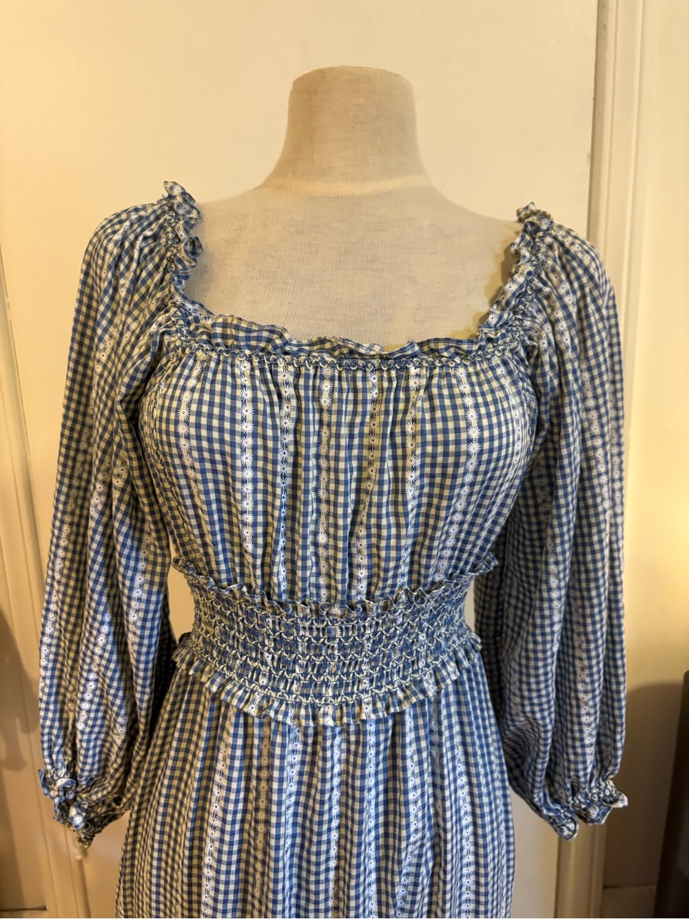 Max Studio Blue Gingham Smocked Midi Dress